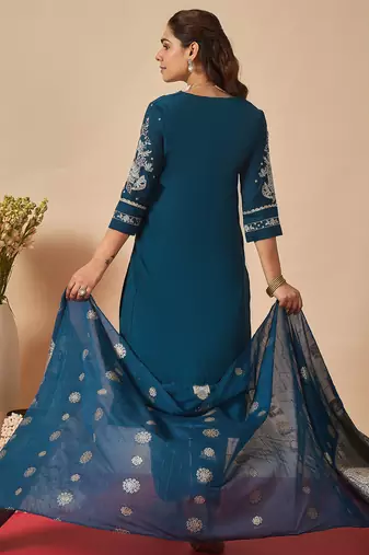 Navy blue embroidered straight kurta trousers with dupatta set