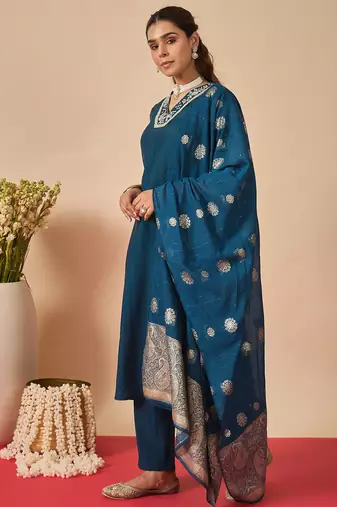Navy blue embroidered straight kurta trousers with dupatta set