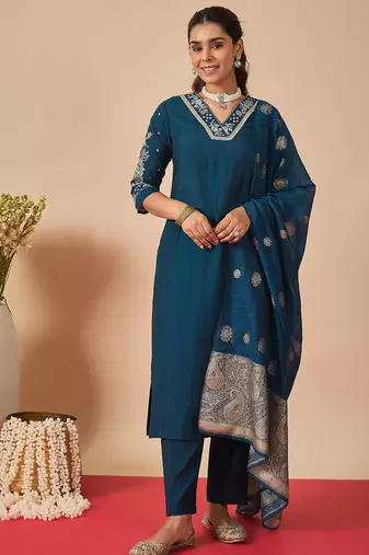 Navy blue embroidered straight kurta trousers with dupatta set