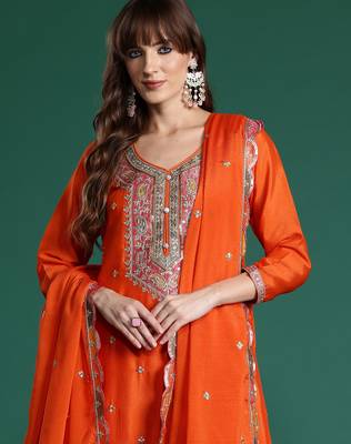 Orange embroidered straight kurta palazzo with dupatta set 1