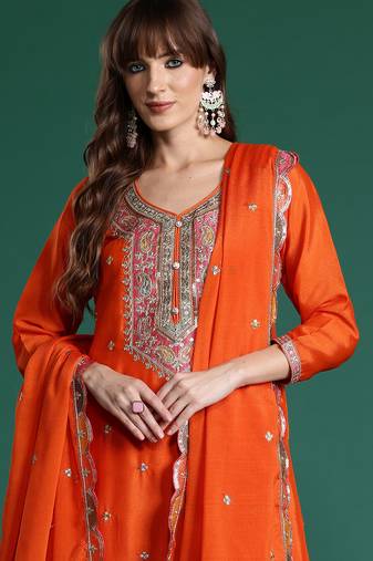 Orange embroidered straight kurta palazzo with dupatta set