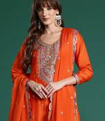 Orange embroidered straight kurta palazzo with dupatta set