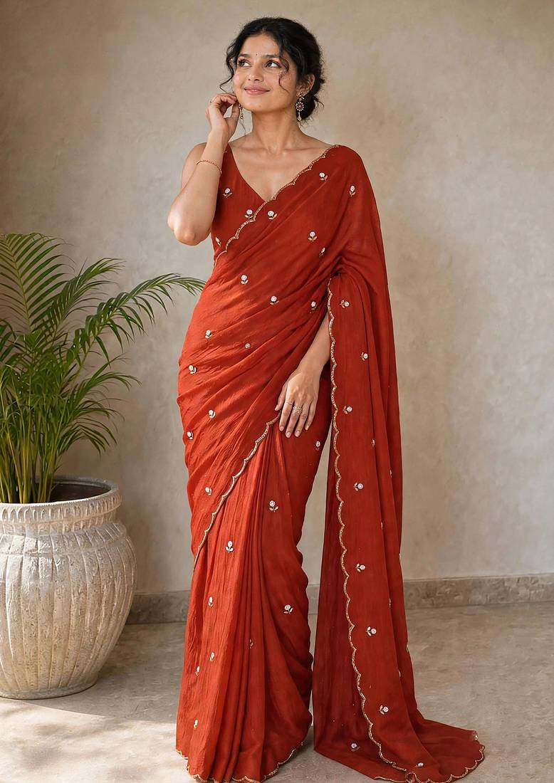 Partywear crush saree with handwork flower butti and contrast border