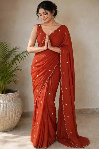 Partywear crush saree with handwork flower butti and contrast border
