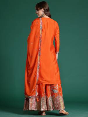 Orange embroidered straight kurta palazzo with dupatta set 2
