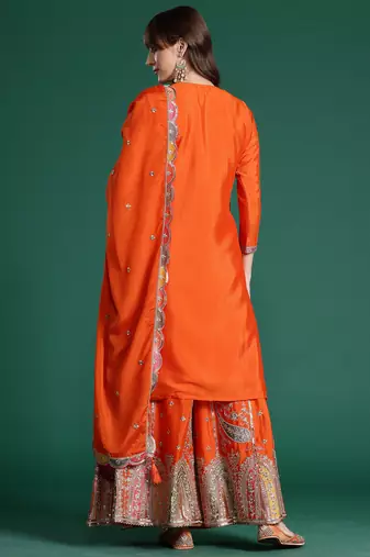 Orange embroidered straight kurta palazzo with dupatta set