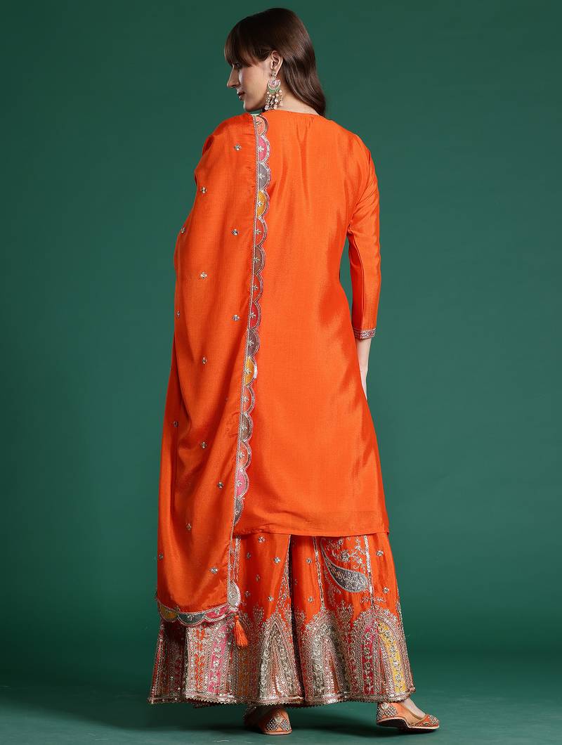 Orange embroidered straight kurta palazzo with dupatta set