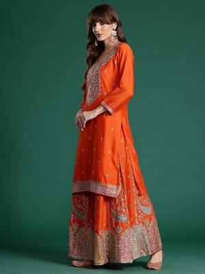 Orange embroidered straight kurta palazzo with dupatta set 3