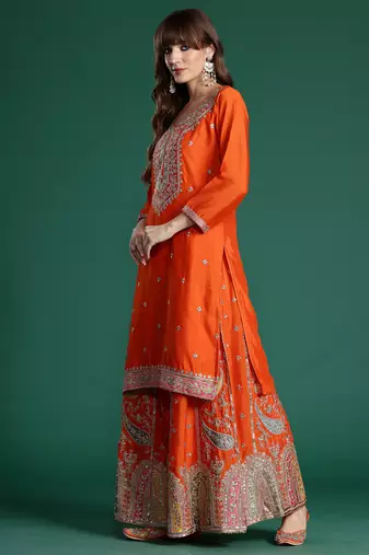 Orange embroidered straight kurta palazzo with dupatta set