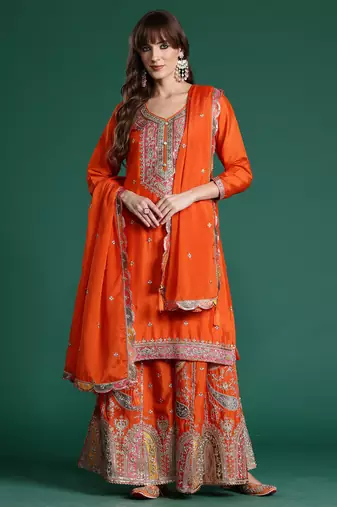 Orange embroidered straight kurta palazzo with dupatta set