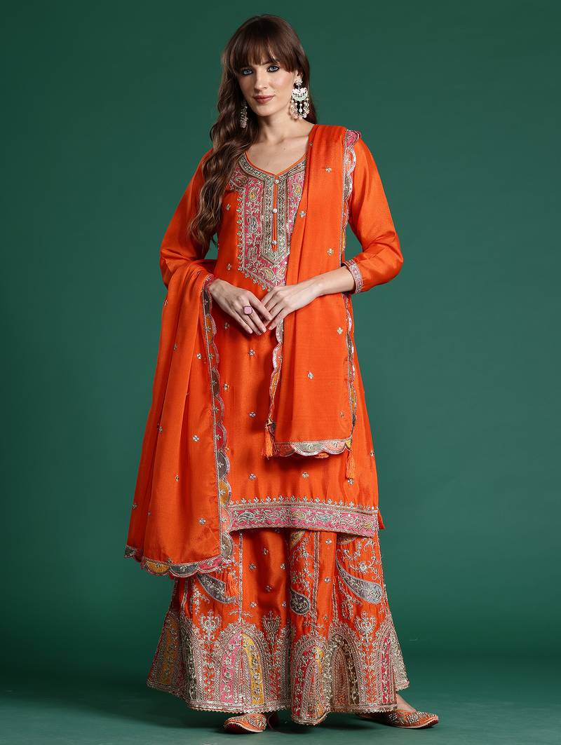 Orange embroidered straight kurta palazzo with dupatta set