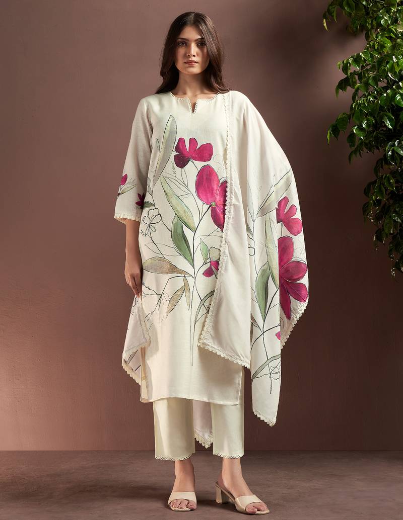Off white printed straight kurta trousers with dupatta set