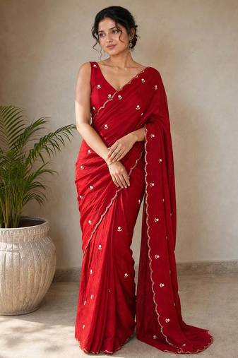 Premium partywear crush saree with flower butti handwork and beautiful border
