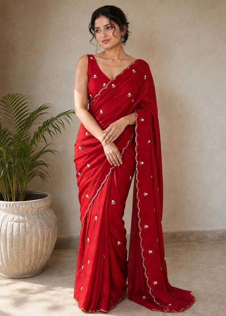 Premium partywear crush saree with flower butti handwork and beautiful border