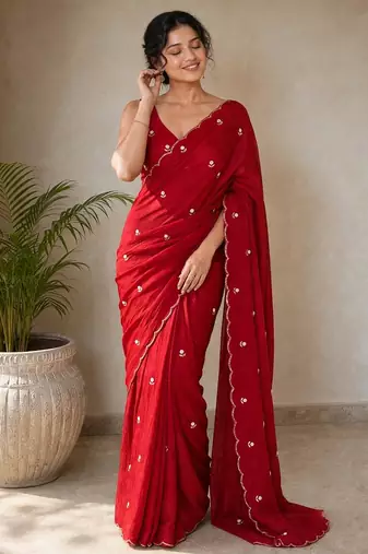 Premium partywear crush saree with flower butti handwork and beautiful border