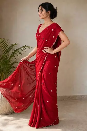 Premium partywear crush saree with flower butti handwork and beautiful border