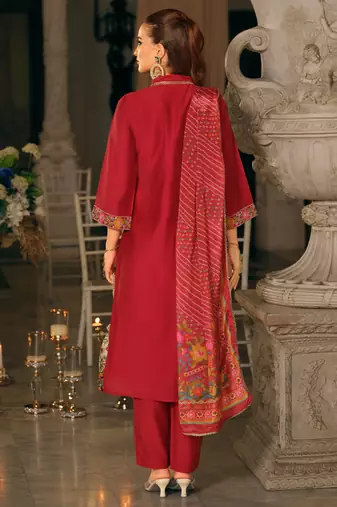 Pink embroidered straight kurta trousers with dupatta set