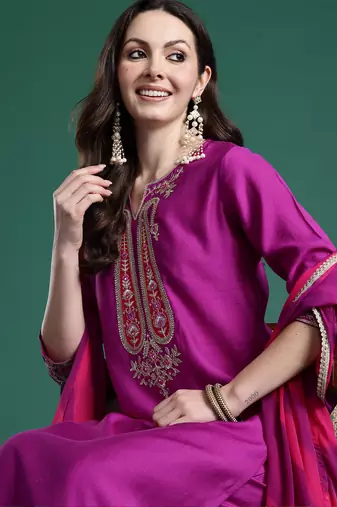Purple solid straight kurta trousers with dupatta set