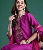 Purple solid straight kurta trousers with dupatta set