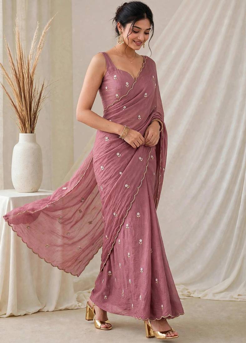 Partywear crush saree with handwork flower butti and elegant border