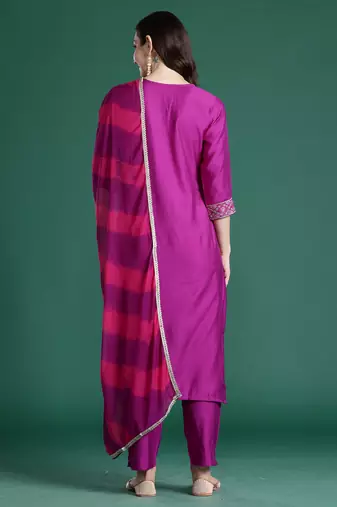 Purple solid straight kurta trousers with dupatta set