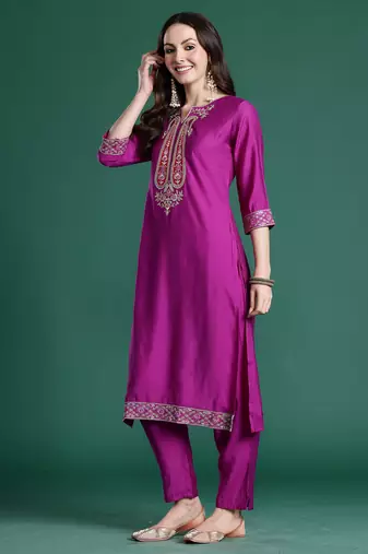 Purple solid straight kurta trousers with dupatta set