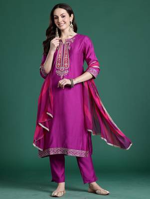 Purple solid straight kurta trousers with dupatta set 4