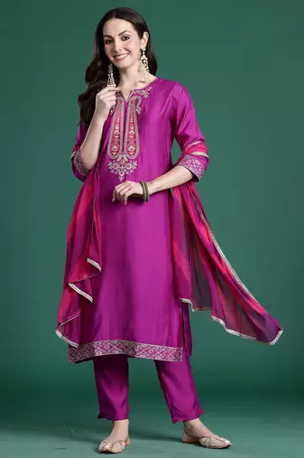 Purple solid straight kurta trousers with dupatta set