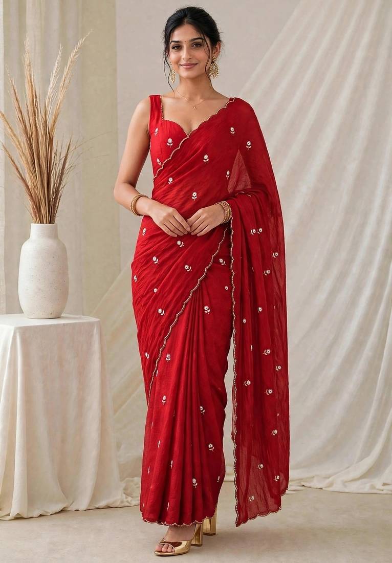 Premium partywear crush saree with flower butti handwork and beautiful border