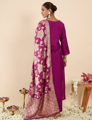 Purple embroidered straight kurta trousers with dupatta set 2