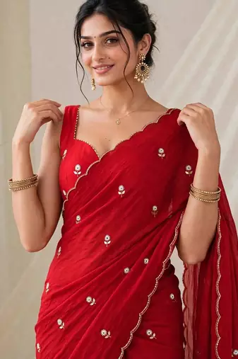 Premium partywear crush saree with flower butti handwork and beautiful border