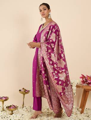 Purple embroidered straight kurta trousers with dupatta set 3