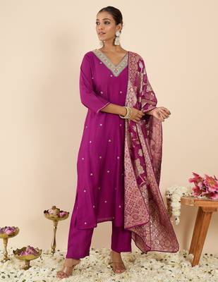 Purple embroidered straight kurta trousers with dupatta set 4