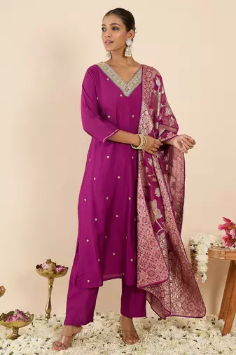 Purple embroidered straight kurta trousers with dupatta set
