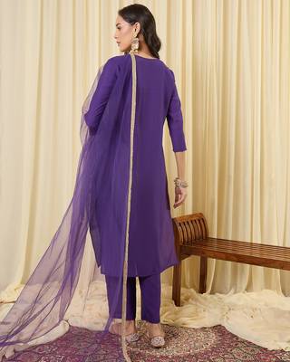 Purple embroidered straight kurta trousers with dupatta set 2