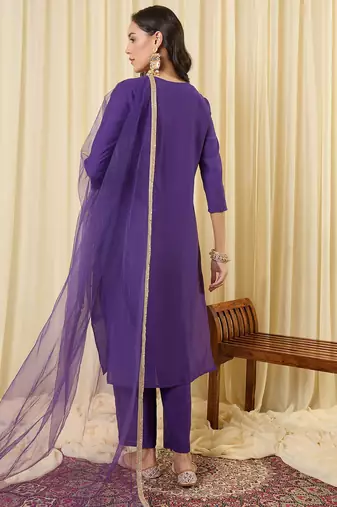 Purple embroidered straight kurta trousers with dupatta set