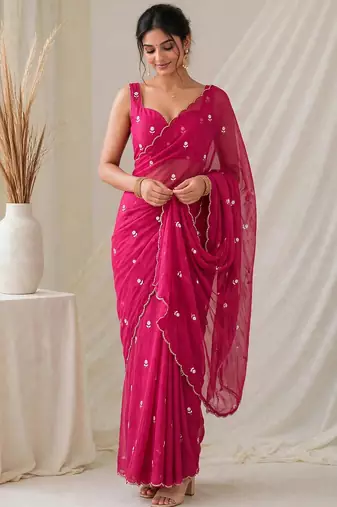 Partywear crush saree with elegant flower butti handwork and statement border
