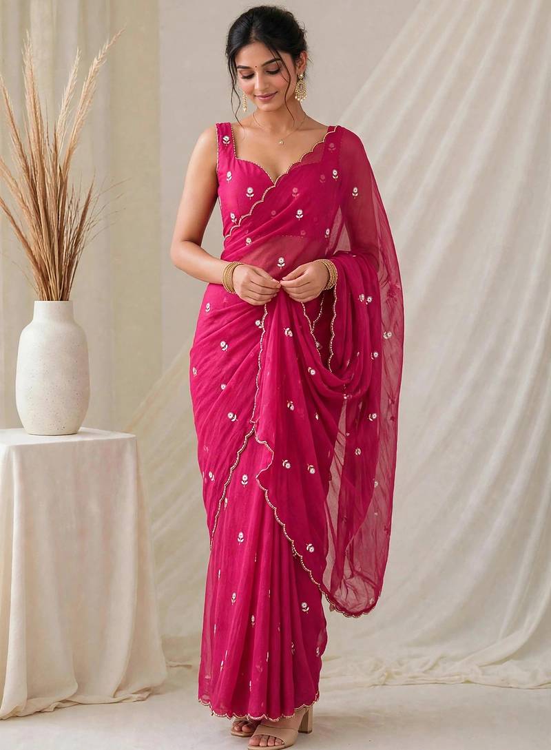 Partywear crush saree with elegant flower butti handwork and statement border