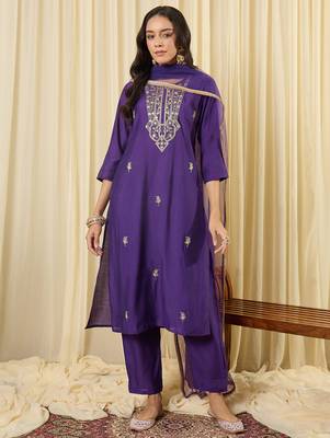 Purple embroidered straight kurta trousers with dupatta set 4