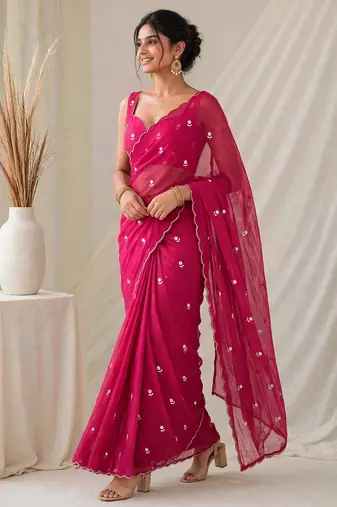 Partywear crush saree with elegant flower butti handwork and statement border