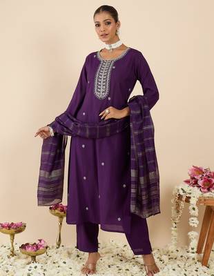 Purple embroidered straight kurta trousers with dupatta set 4