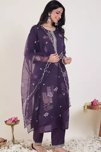 Purple embroidered straight kurta trousers with dupatta set