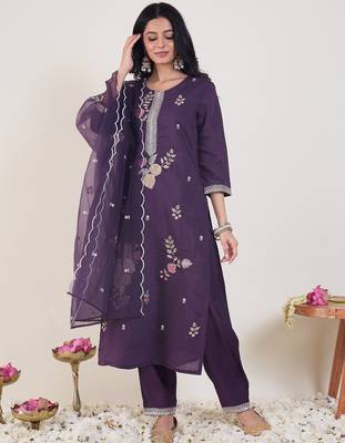Purple embroidered straight kurta trousers with dupatta set 4