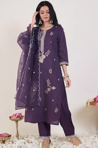 Purple embroidered straight kurta trousers with dupatta set