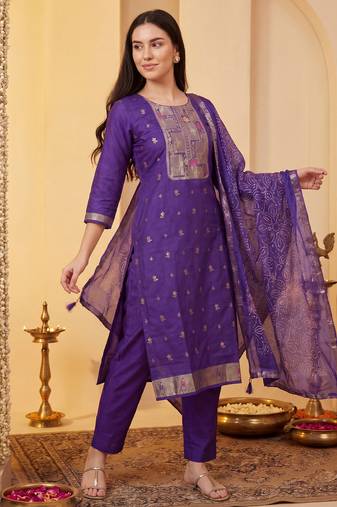 Purple woven design straight kurta trousers with dupatta set