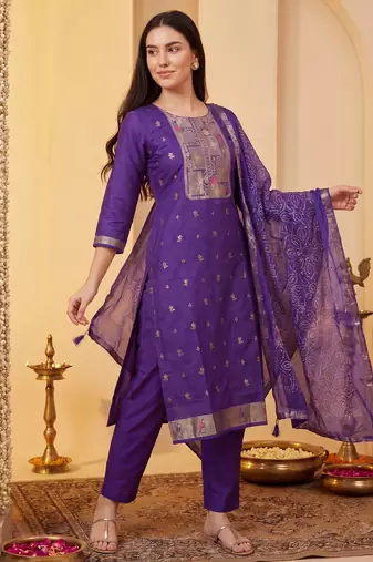 Purple woven design straight kurta trousers with dupatta set