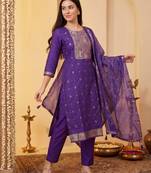 Purple woven design straight kurta trousers with dupatta set