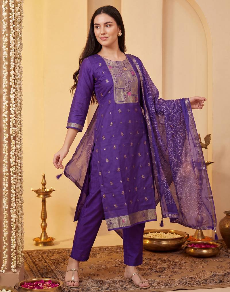 Purple woven design straight kurta trousers with dupatta set