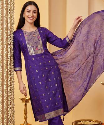 Purple woven design straight kurta trousers with dupatta set 2