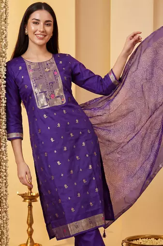 Purple woven design straight kurta trousers with dupatta set